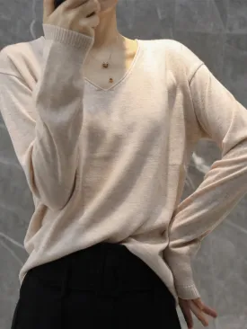 Simple Solid Color V-Neck Long Sleeve Knitwear Tops