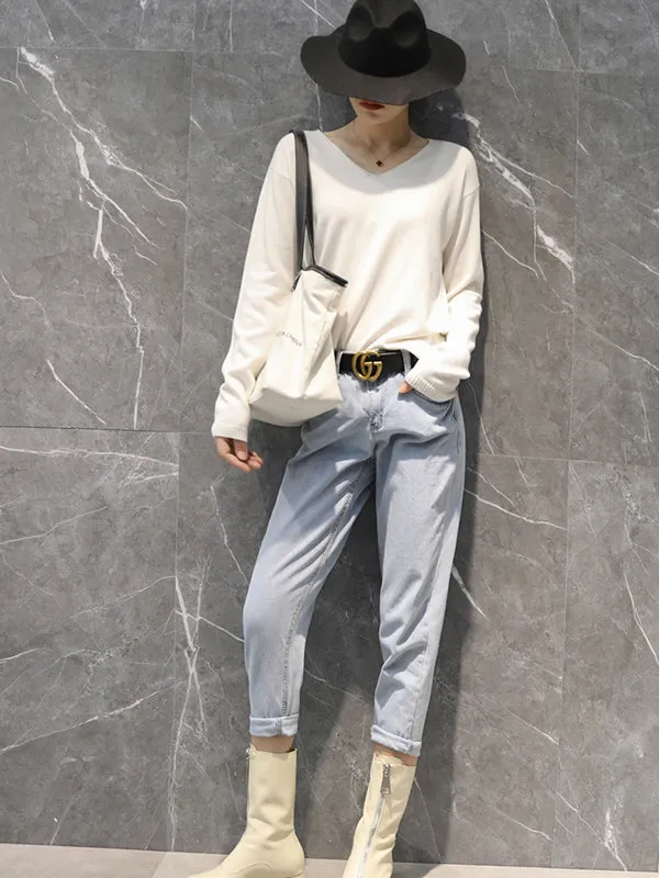 Simple Solid Color V-Neck Long Sleeve Knitwear Tops