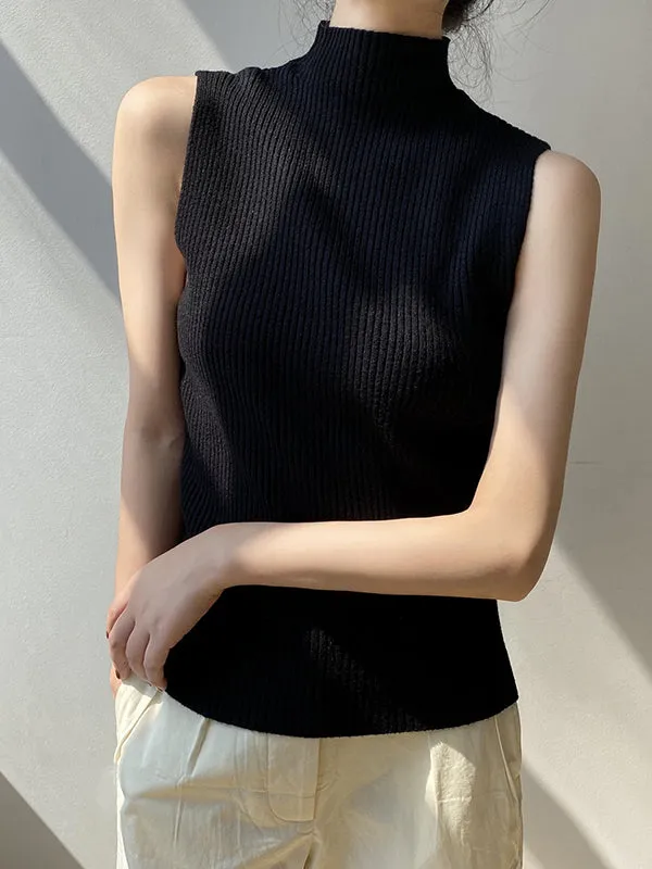 Skinny Sleeveless Solid Color High-Neck Knitwear Vest Top