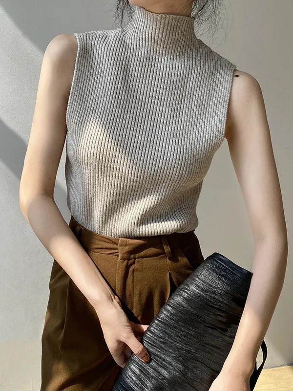 Skinny Sleeveless Solid Color High-Neck Knitwear Vest Top