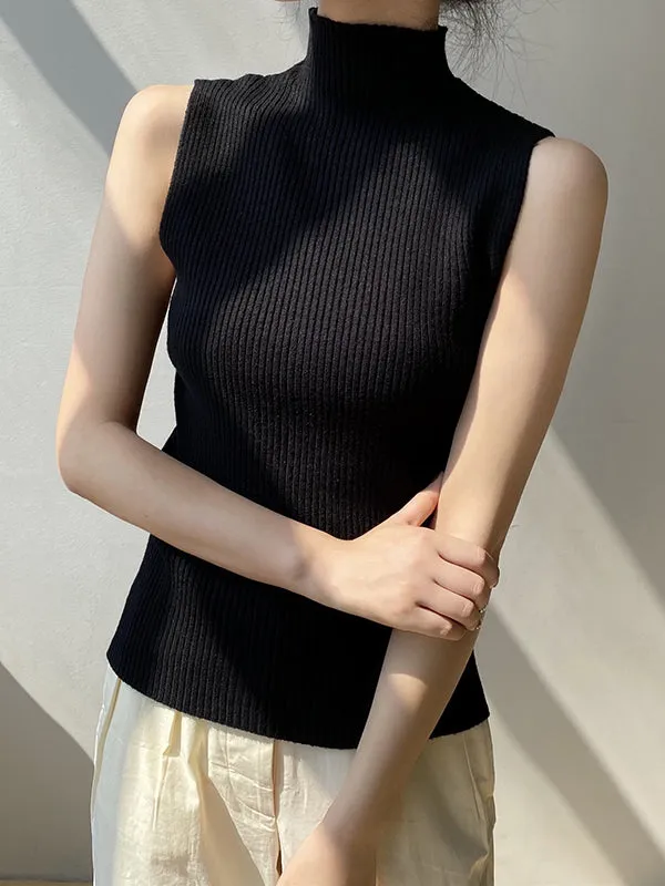 Skinny Sleeveless Solid Color High-Neck Knitwear Vest Top