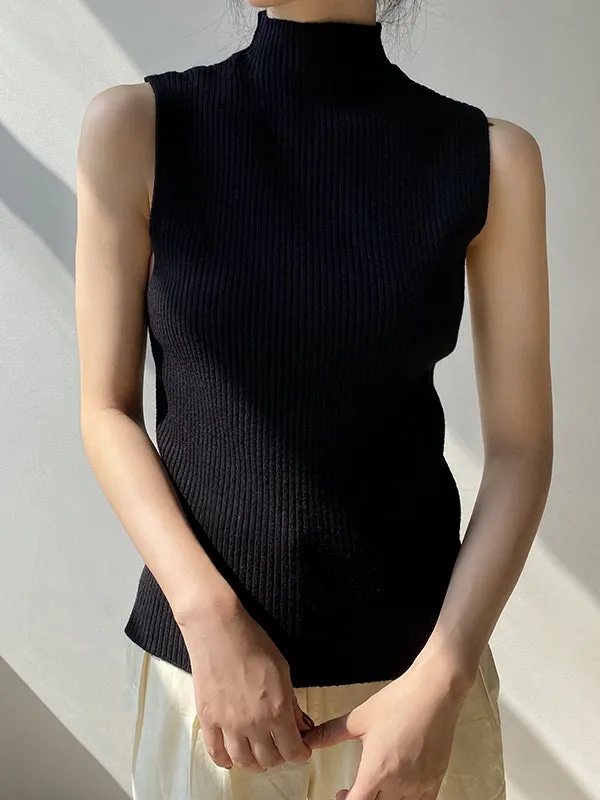 Skinny Sleeveless Solid Color High-Neck Knitwear Vest Top