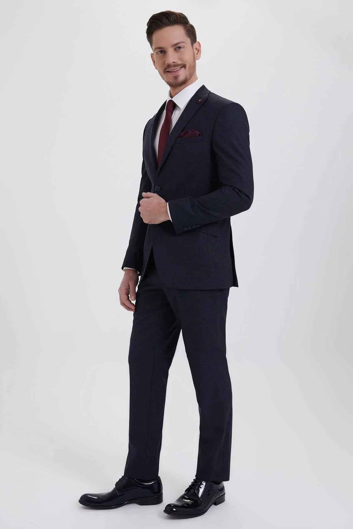 Slim Fit Navy Peak Lapel Wool Blend Casual Suit