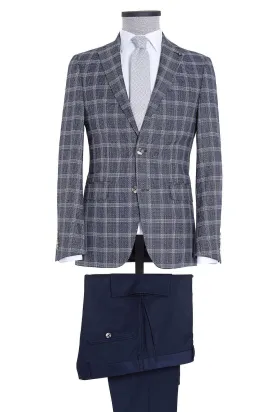 Slim Fit Notch Lapel Plaid Navy Casual Suit