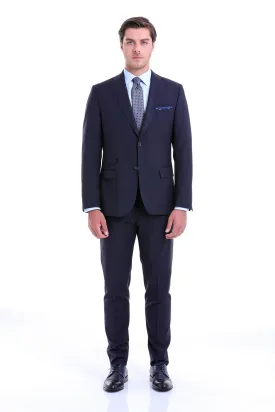 Slim Fit Notch Lapel Plain Navy Wool Blend Classic Suit