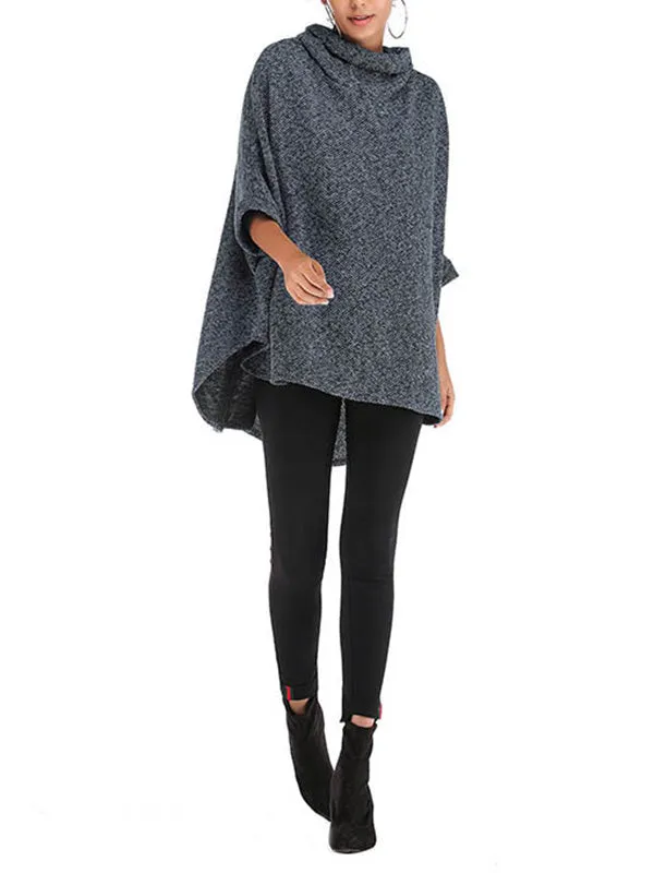 Solid Color Batwing Sleeves High-Low High Neck Sweater Tops Pullovers Knitwear