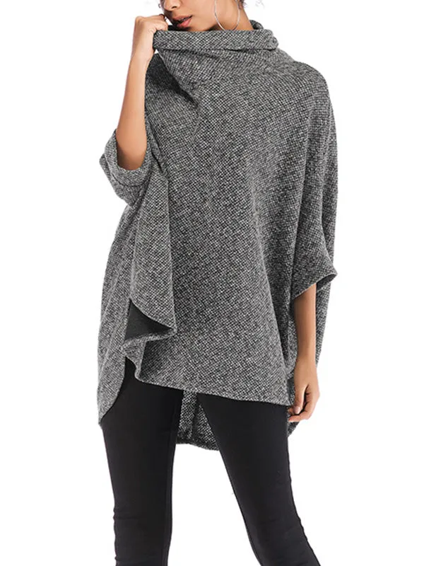 Solid Color Batwing Sleeves High-Low High Neck Sweater Tops Pullovers Knitwear