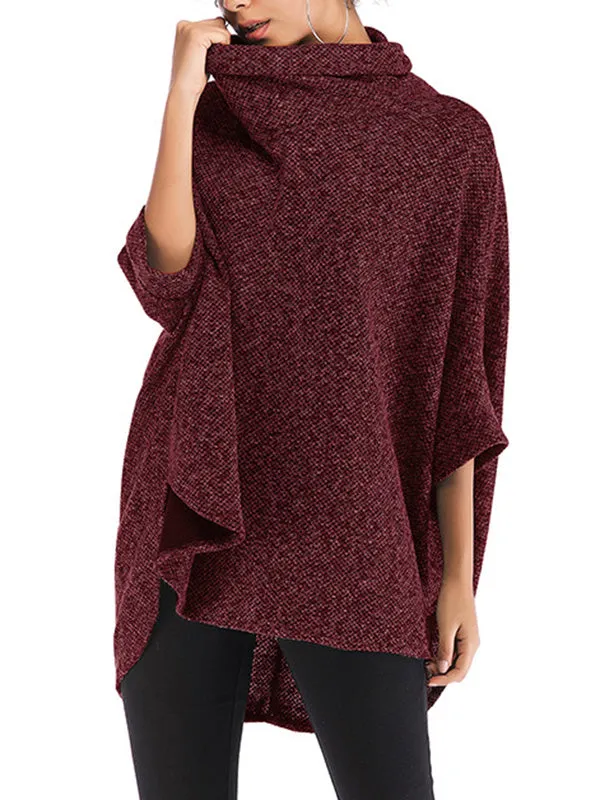 Solid Color Batwing Sleeves High-Low High Neck Sweater Tops Pullovers Knitwear