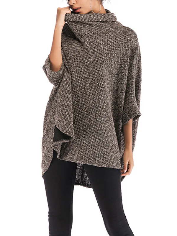 Solid Color Batwing Sleeves High-Low High Neck Sweater Tops Pullovers Knitwear