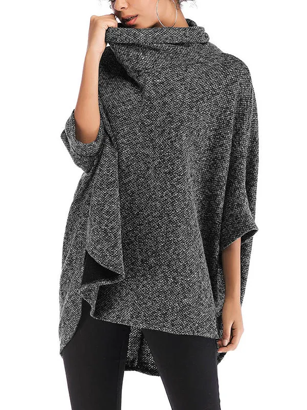 Solid Color Batwing Sleeves High-Low High Neck Sweater Tops Pullovers Knitwear