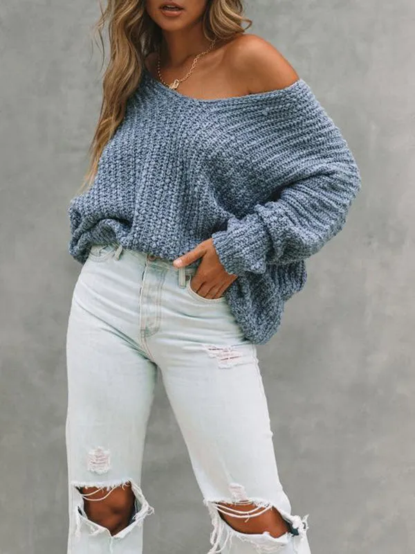 Solid Color Long Sleeves Loose V-Neck Sweater Tops Pullovers Knitwear