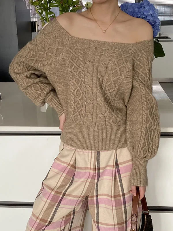 Solid Color Long Sleeves Off-The-Shoulder Sweater Tops Pullovers Knitwear