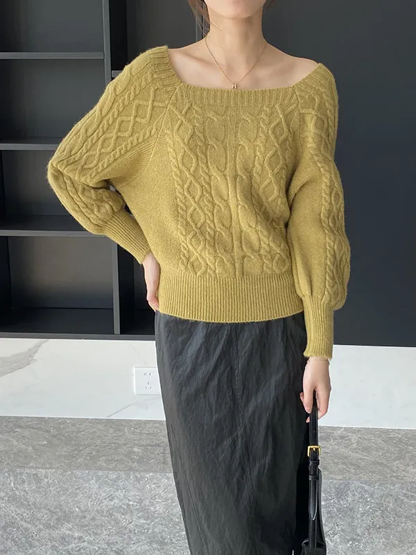 Solid Color Long Sleeves Off-The-Shoulder Sweater Tops Pullovers Knitwear