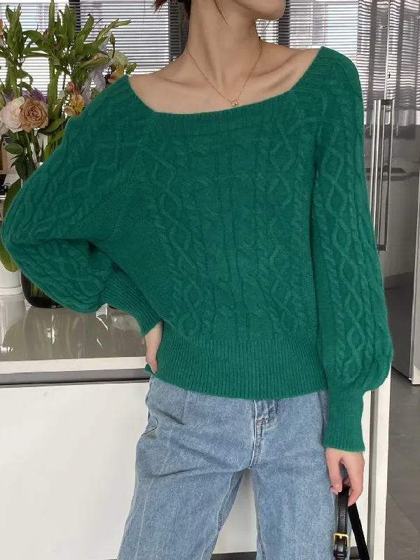 Solid Color Long Sleeves Off-The-Shoulder Sweater Tops Pullovers Knitwear