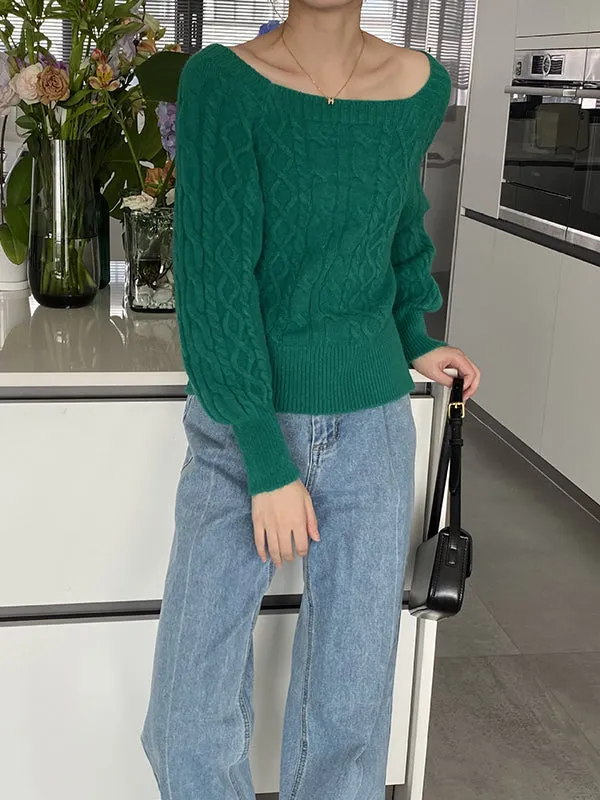 Solid Color Long Sleeves Off-The-Shoulder Sweater Tops Pullovers Knitwear