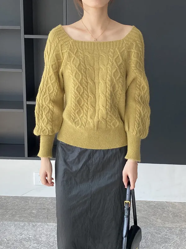 Solid Color Long Sleeves Off-The-Shoulder Sweater Tops Pullovers Knitwear