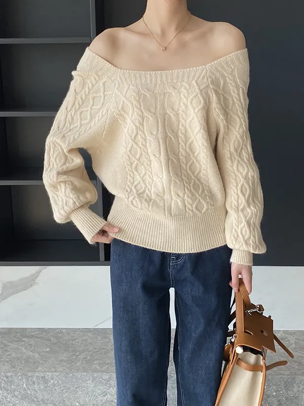 Solid Color Long Sleeves Off-The-Shoulder Sweater Tops Pullovers Knitwear