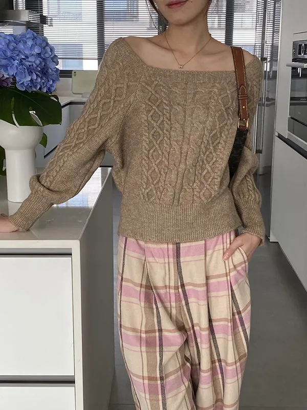 Solid Color Long Sleeves Off-The-Shoulder Sweater Tops Pullovers Knitwear