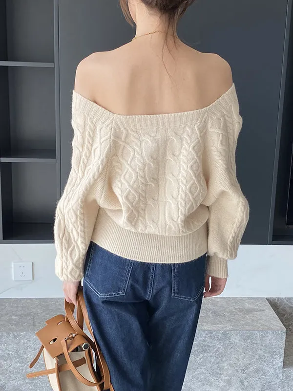 Solid Color Long Sleeves Off-The-Shoulder Sweater Tops Pullovers Knitwear