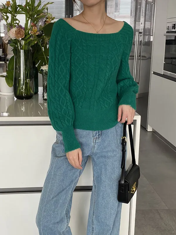 Solid Color Long Sleeves Off-The-Shoulder Sweater Tops Pullovers Knitwear