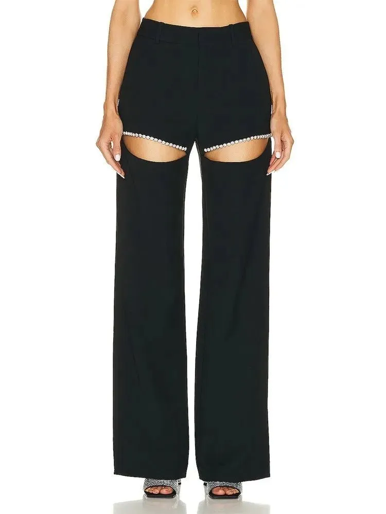 Solid Wide Leg Pants For Women | High Waist Hollow Out Spliced Diamonds Loose Straight Pant | Female Fashion Clothing