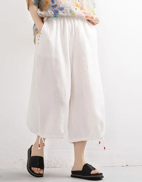 Summer Linen Loose Cropped Wide-Leg Pants