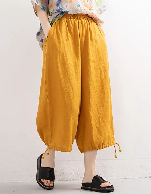 Summer Linen Loose Cropped Wide-Leg Pants