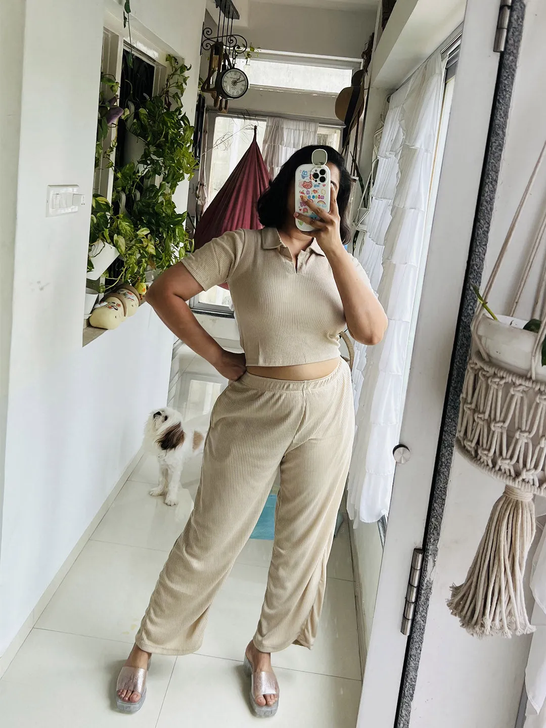 SXV Basic CO-ORDS set : Beige Ribbed crop top And Trouser Combo