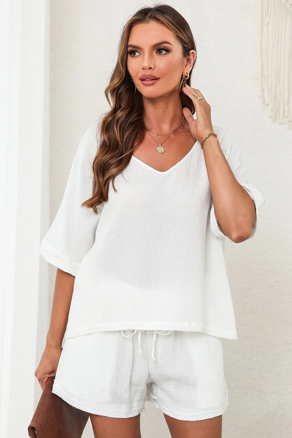 V-Neck Half Sleeve Top and Summer Shorts Set