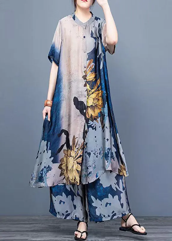 Women Blue Stand Collar Draping Print Silk Long shirt And Wide Leg Pants Two Piece Suit Set Summer