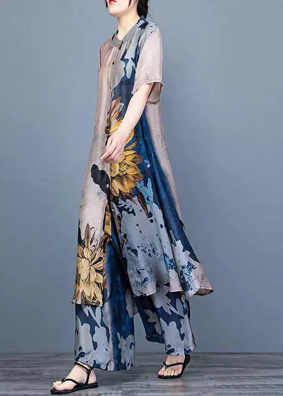 Women Blue Stand Collar Draping Print Silk Long shirt And Wide Leg Pants Two Piece Suit Set Summer