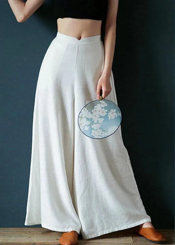 Women Casual Cotton Back Elastic Waist Loose Wide Leg Pants with Side Pockets