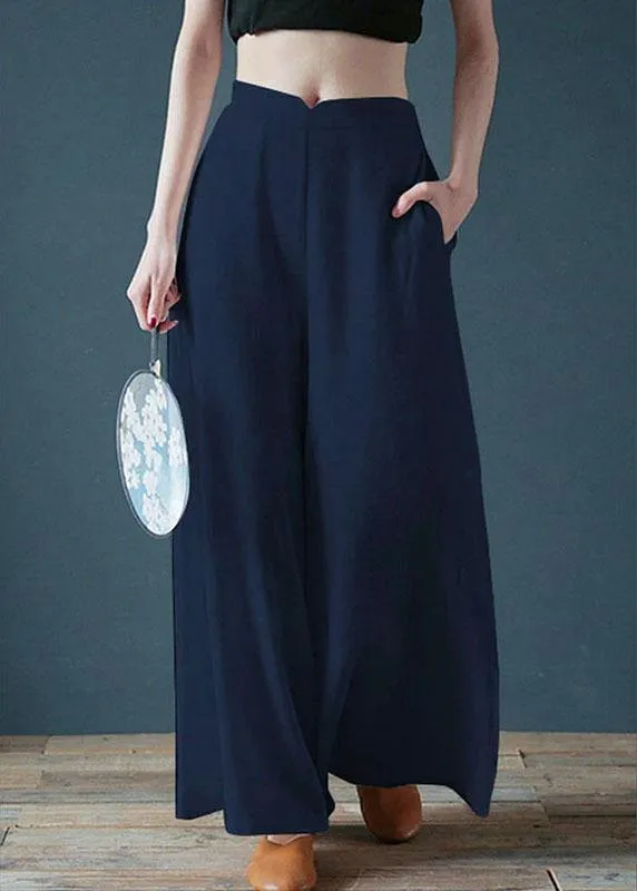 Women Casual Cotton Back Elastic Waist Loose Wide Leg Pants with Side Pockets