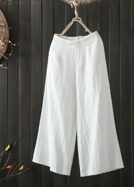 Women High Elastic Waist Loose Cotton Wide Leg Pants with Pockets