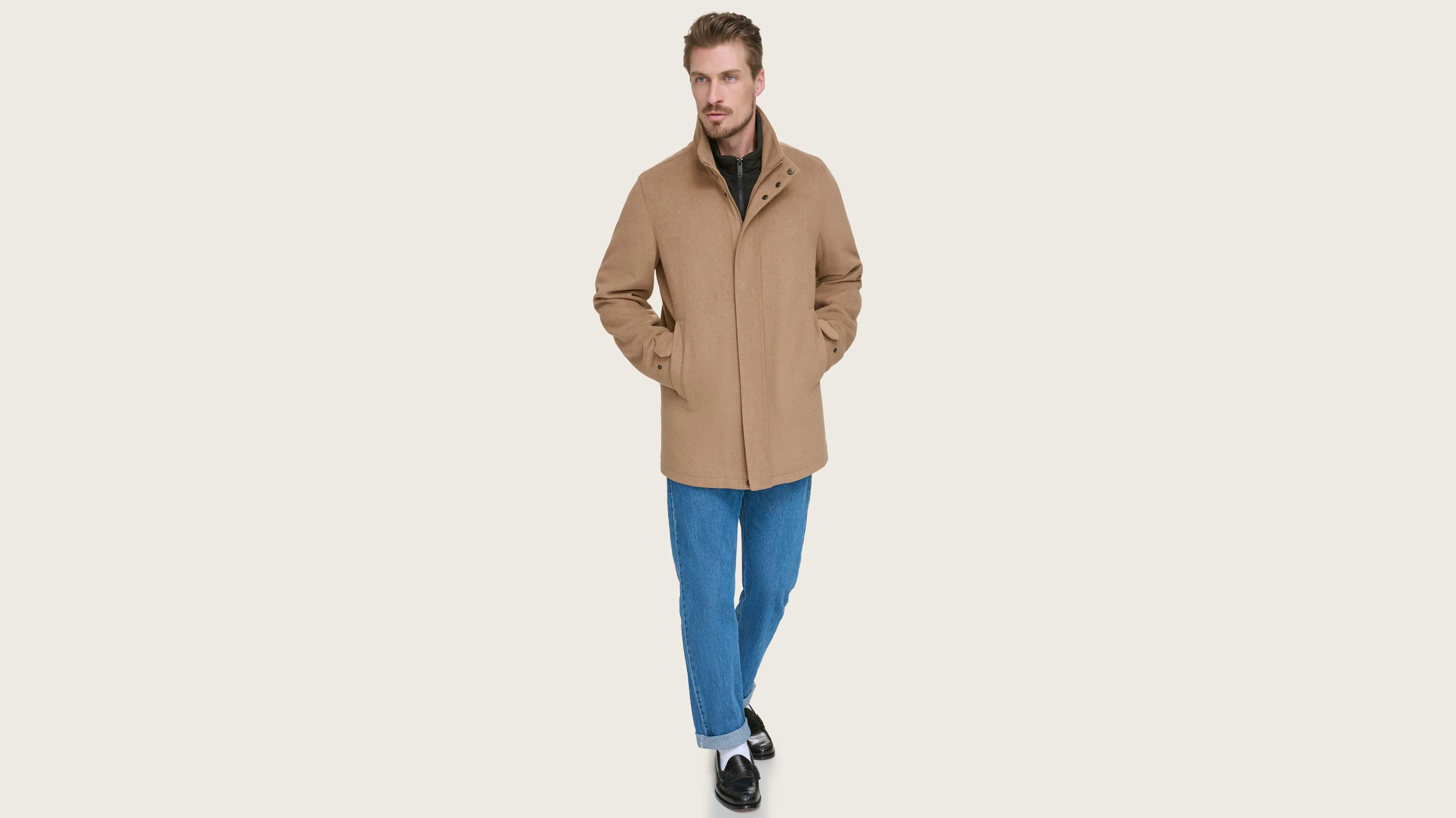 Wool Blend Walking Coat w/ Bib